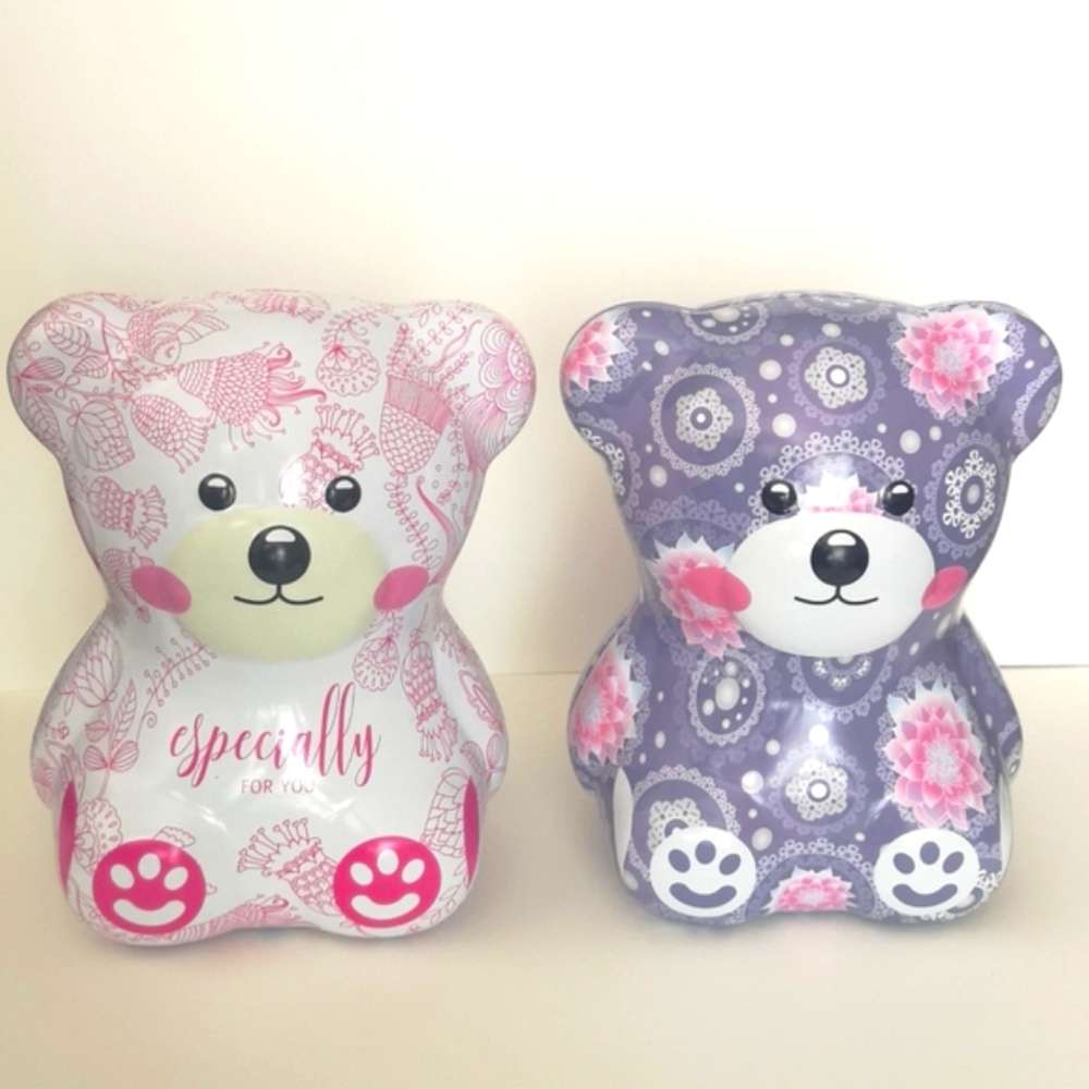 🐻Teddy Bear Metal Money Bank Floral Piggy Coin Bank